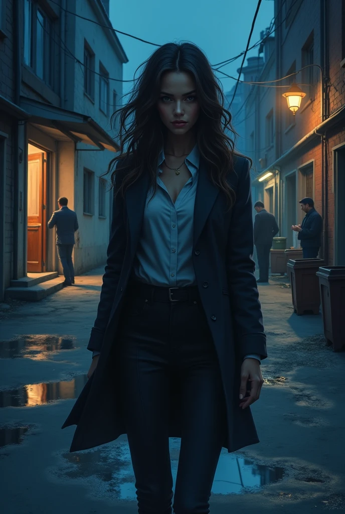 The cover shows a mysterious and confident woman,The background is the company workshop and city street scene at night,Implied secret date。In the distance, two men can be seen confronting each other at the company gate.,The whole picture has a sharp contrast in color,Adds drama and suspense。