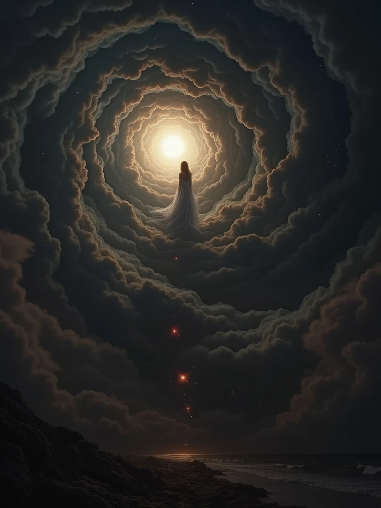 Transcendental, Surrealism, dream, A funnel of clouds leading to the sun