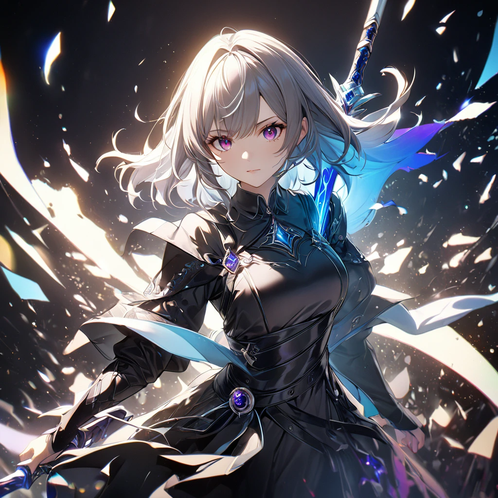 Highest quality, wonderful_delicate, wonderful delicate eyes, Super detailed, beautiful, 8k , One girl, Red eyes, evil, Facial Contour,table, Highest quality, (the Extremely Detailed CG Unity 8k wallpapers, table, Highest quality, Very detailed, Best Shadow), (For more information), (Beautifully detailed face, 細部へのbeautiful配慮), High Contrast, (Better lighting, とても優しくてbeautiful),One Girl,((透明な背景にcolorfulなペイントの飛沫, Dulux,)), ((caustic)), Dynamic Angle,beautiful輝き,whole body, Cowboy Shot, colorful, One Girl, Gray Hair, Purple eyes, Two-handed weapons, sword, swordを握る, Blue Flame, Shine, Glowing Weapons, Particles of light, wallpaper, chromatic aberration, (For more information,Dark fantasy), (Beautifully detailed face), High Contrast, (Better lighting, とても優しくてbeautiful), ((Cinematic Light)), colorful, Hyper Detail, Dramatic Light, Complex parts, Written boundary depth,black Particles of lights,(Broken glass),magic circle,