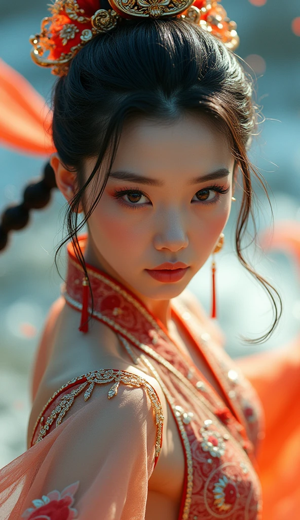 Epic water bending shot, in front, Award WinningPhotographs, Wuxia, A beautiful Chinese women,extreme close - upfocus on face, in the style of photorealistic eye, bokeh,in the style of hyperrealistic illustration, super ultra detail, movie screenshotUnreal Engine, Zbrush3D artVray,Glow Particular,Post Effect,Optical Flares --niji 5 --style expressive --s 400a martial arts fighter in a colorful outfit, wearing a fancy dress, dancing at a , elegant movement, beautiful detailed eyes, beautiful detailed lips, extremely detailed face, long eyelashes, detailed jewelry, glowing skin, intricate decorations, festive lighting, (best quality,4k,8k,highres,masterpiece:1.2),ultra-detailed,(realistic,photorealistic,photo-realistic:1.37),vibrant colors,dynamic pose,dramatic lighting,portrait,,HUGE BREASTS AND DETAILED CLEAVAGE,, DETAILED ABS,ABS,ABS. LOOKING AT A SWAN