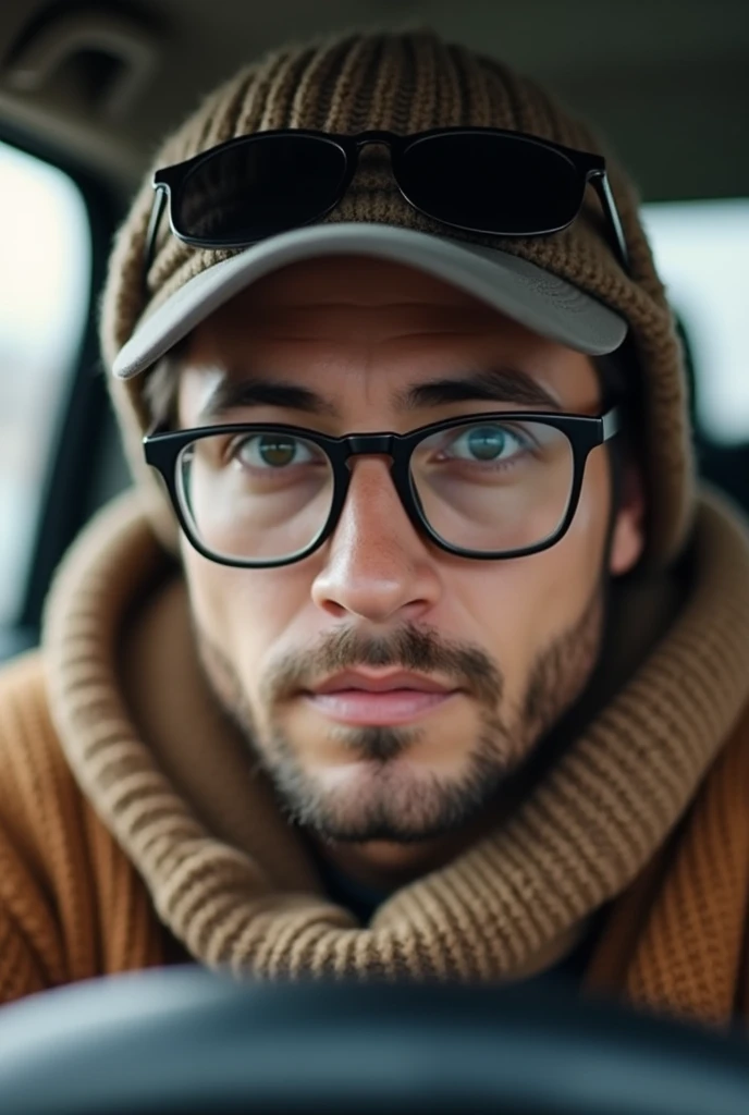 close-up of a man wearing glasses and a sweater, photo on Snapchat, TINDER PROFILE, Screenshot of Snapchat Story, phone reflection in the visor, Instagram history, leaked image, tik tok video, looks straight into the camera, leaked, low quality video, Shot on iPhone, wear a headscarf, Instagram post, ✨🕌🌙, wear sunglasses and a cap