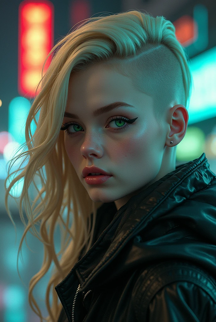 Long blonde haired girl with a half shaven head and a pale complexion, green eyes and sharp features in a cyberpunk esk setting with Cinematic Lighting, anime style