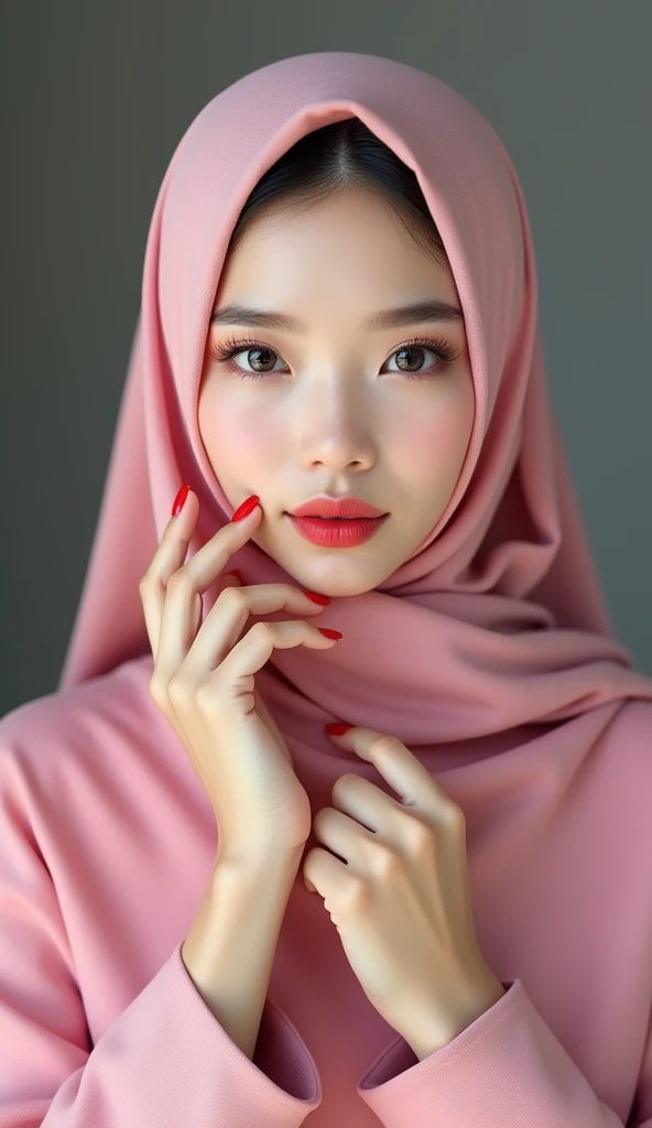 (photorealism:1.2), beautiful Chinese Moslem, very beautiful Chinese Moslem female, long pink hijab and long abaya, very detailed fingers, beauty red nails, high resolution, 8k, HDR