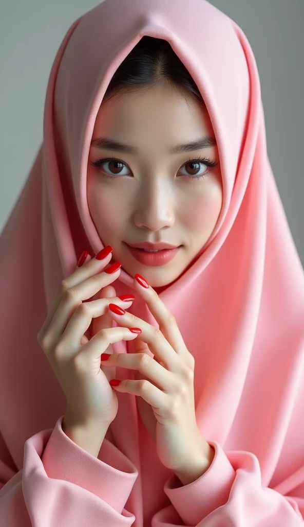(photorealism:1.2), beautiful Chinese Moslem, very beautiful Chinese Moslem female, long pink hijab and long abaya, very detailed fingers, beauty red nails, high resolution, 8k, HDR