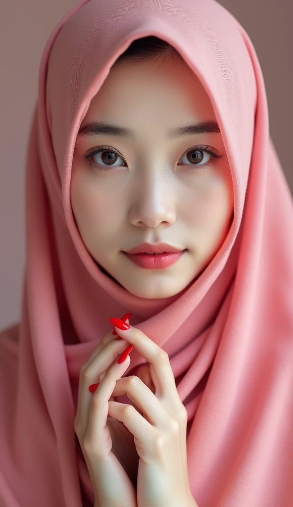 (photorealism:1.2), beautiful Chinese Moslem, very beautiful Chinese Moslem female, long pink hijab and long abaya, very detailed fingers, beauty red nails, high resolution, 8k, HDR 