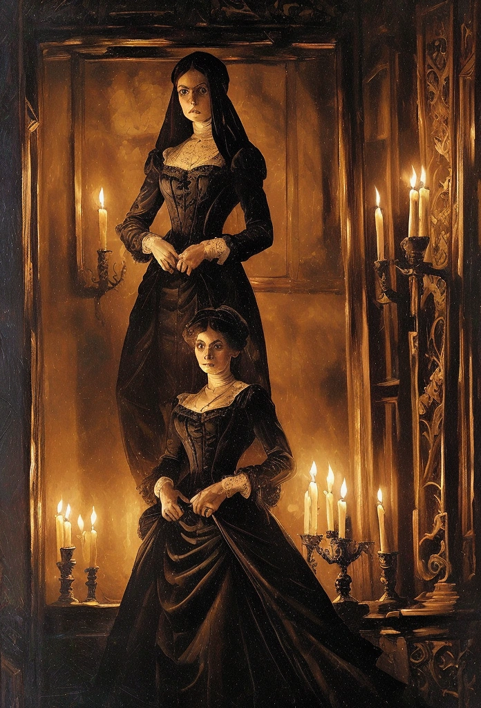 A dark and atmospheric oil painting featuring a stunning Victorian-era woman. She wears an elaborate, high-necked gown adorned with lace and intricate embroidery. Her expression is mysterious, with piercing eyes that hint at hidden secrets. The setting is a dimly lit, gothic interior, with heavy velvet drapes, a grand fireplace, and an ornate, antique mirror reflecting the flickering light of a candelabrum. Shadows loom in the corners, and the air seems thick with an otherworldly presence, giving the scene an occult and eerie feel.