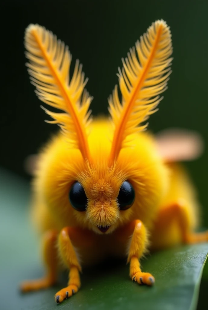 A close-up, highly detailed photograph of a vibrant yellow moth with distinctively large, feather-like antennae. The moth's body is covered in fluffy, golden-yellow fur, giving it a soft and plush appearance. The antennae are strikingly symmetrical, with fine, comb-like structures that glow with a subtle orange hue, creating a delicate and intricate pattern. The moth's large, dark eyes are prominent against its bright fur, adding to its captivating appearance. The background is blurred, focusing all attention on the moth, with its translucent wings partially visible, resting on a leaf. The image captures the texture and details of the moth with high clarity, emphasizing its unique and almost surreal beauty.