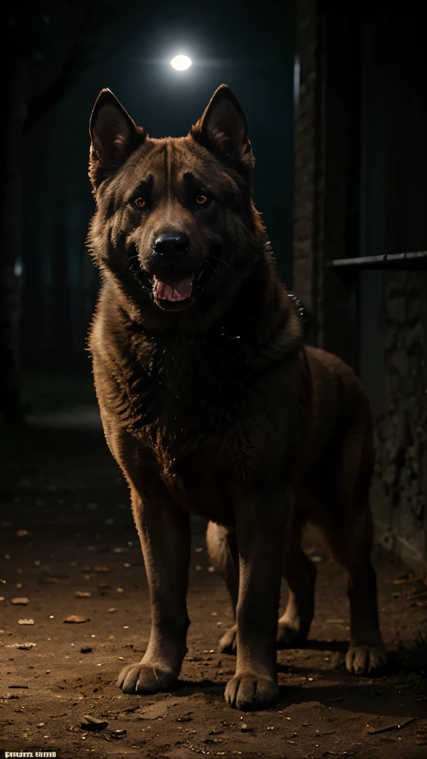 create a realistic full body of tall Kangal dog standing with angry eyes with glowing eyes and intense, glowing eyes showing its teeth. The dog should have a muscular build, standing in a dark, standing with shadows and mist,