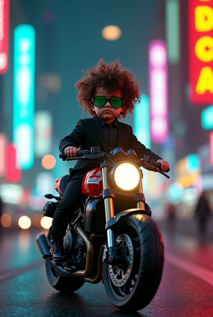 Curly hair Baby wearing black suit, green sunglasses,riding Ducati in green neon city