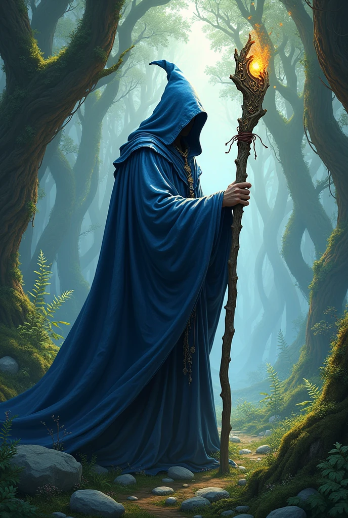 A wizard in a fantasy world is in the forest