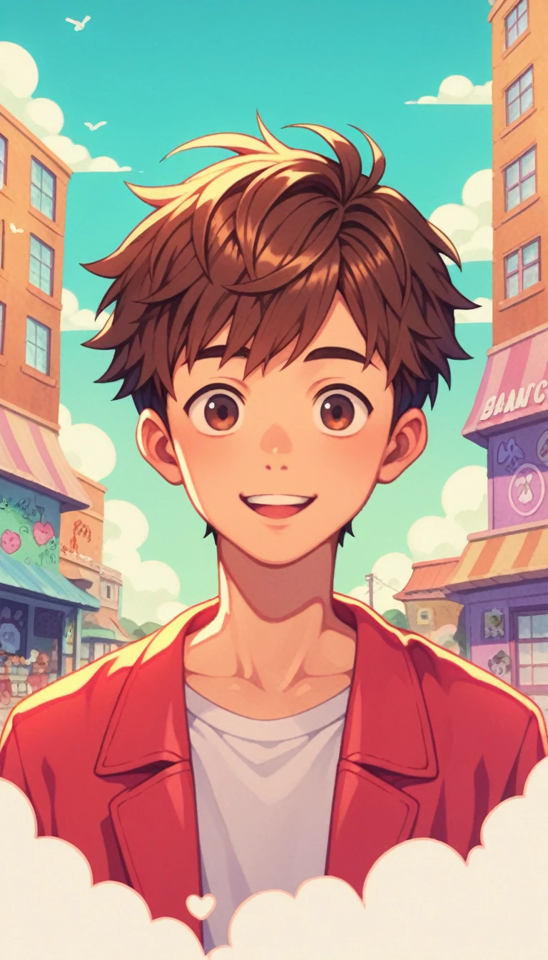 Anime Style, Puppy boys, happy, Reddish brown hair, Dark brown eyes, Droopy eyes, short hair, Calm. wise, Spoiled type, Pop graffiti background, Surrealism, Expressionism, Anime Style, Cast a Shadow, Film Grain, Vignetting, silhouette, 1080P, Anatomically correct