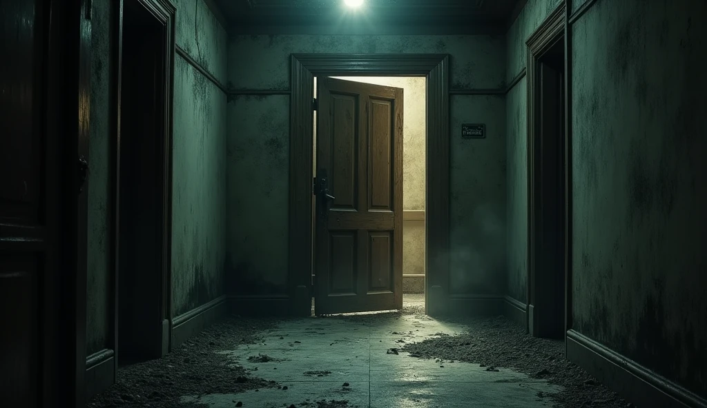 a closed old door in a dimly lit corridor, slightly ajar at the end of the hallway, the hallway is filled with dust and cobwebs , and the air looks thick and oppressive