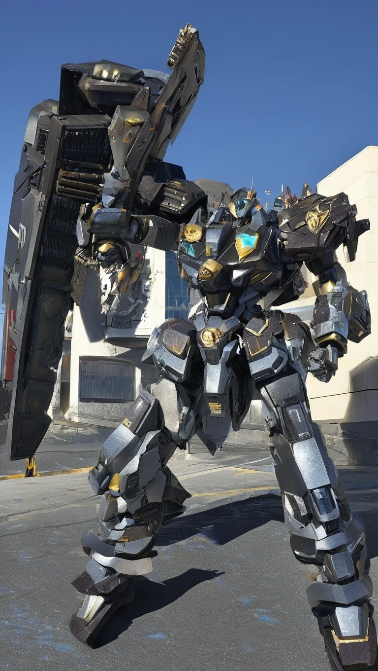 Mechanical Robot, No humans, (Mech Armor:1.5), Full Armor, (Gray silver color scheme:1.2),Sparkling blue eyes, blue sky, city, (whole body:1.2),Clenched hands,mecha musume, Machinery Parts, Robot Joints, (Giant Shield:1.2),Highest quality, masterpiece, Very detailed, Very detailed,(Ready for battle:1.2),(Strong posture:1.3),(Detailed eye depiction:1.2),(Huge mechanical weapon:1.3),(Detailed armor description:1.2),(Detailed description of the shield:1.2),(Detailed weapon description:1.2),(Huge machine gun:1.2), (have guns and weapons :1.3)