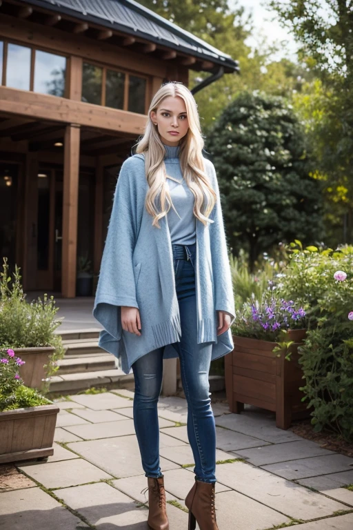 Tall Nordic woman, late 20's, her look is reminscent of Elsa from "Frozen". She wears modern casual clothes, stands in a university botanical garden.