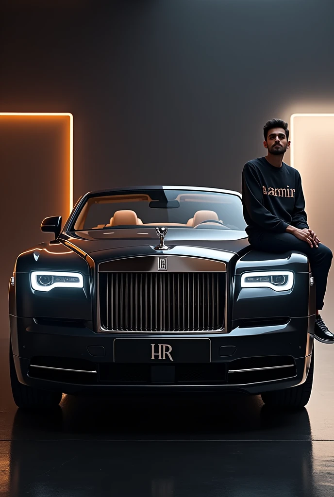 Generate a pic of rolls-royce la rose noire droptail with a Pakistani youth with clean shave sit on car and written name of his shirt is 'Aamir' and the name is clear show for Mobile Wallpers and show fly drone pic
picturee in HD