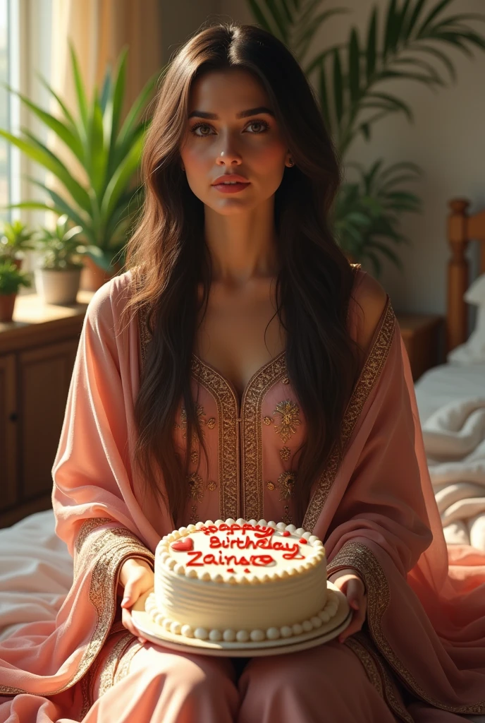 (photorealism:1.2), beautiful woman, sitting on bed, Pakistani traditional clothes salwar kameez and dupatta, chest should not be visible means short neckline, long straight hair, indoors, soft lighting, plants in background, window with sunlight, cozy room, relaxed pose, realistic, intricate details, warm colors, with a cake in her hand on which happy birthday Zainab is written by Greg Rutkowski, by Alphonse Mucha