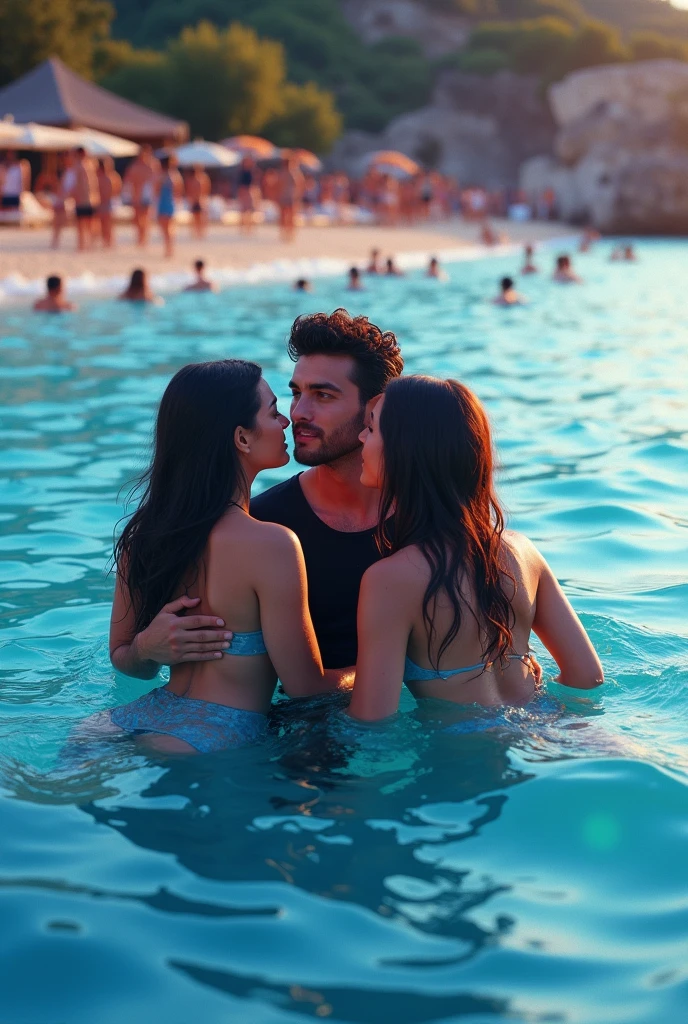 A handsome person black tshirt swimming with two sexy girls in beaches water colour blue and evenings time and back side swim many person