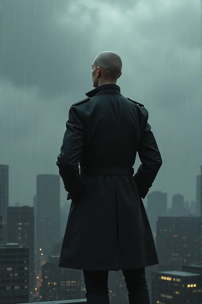 Young man without hair, on top of a building,black trench coat neat, on top of a building, rainy, cloudy, look at the sky