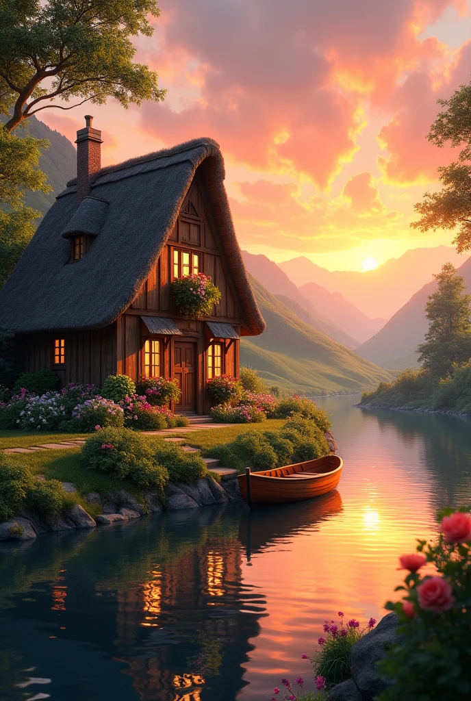 Cottage scenery with river at sunset