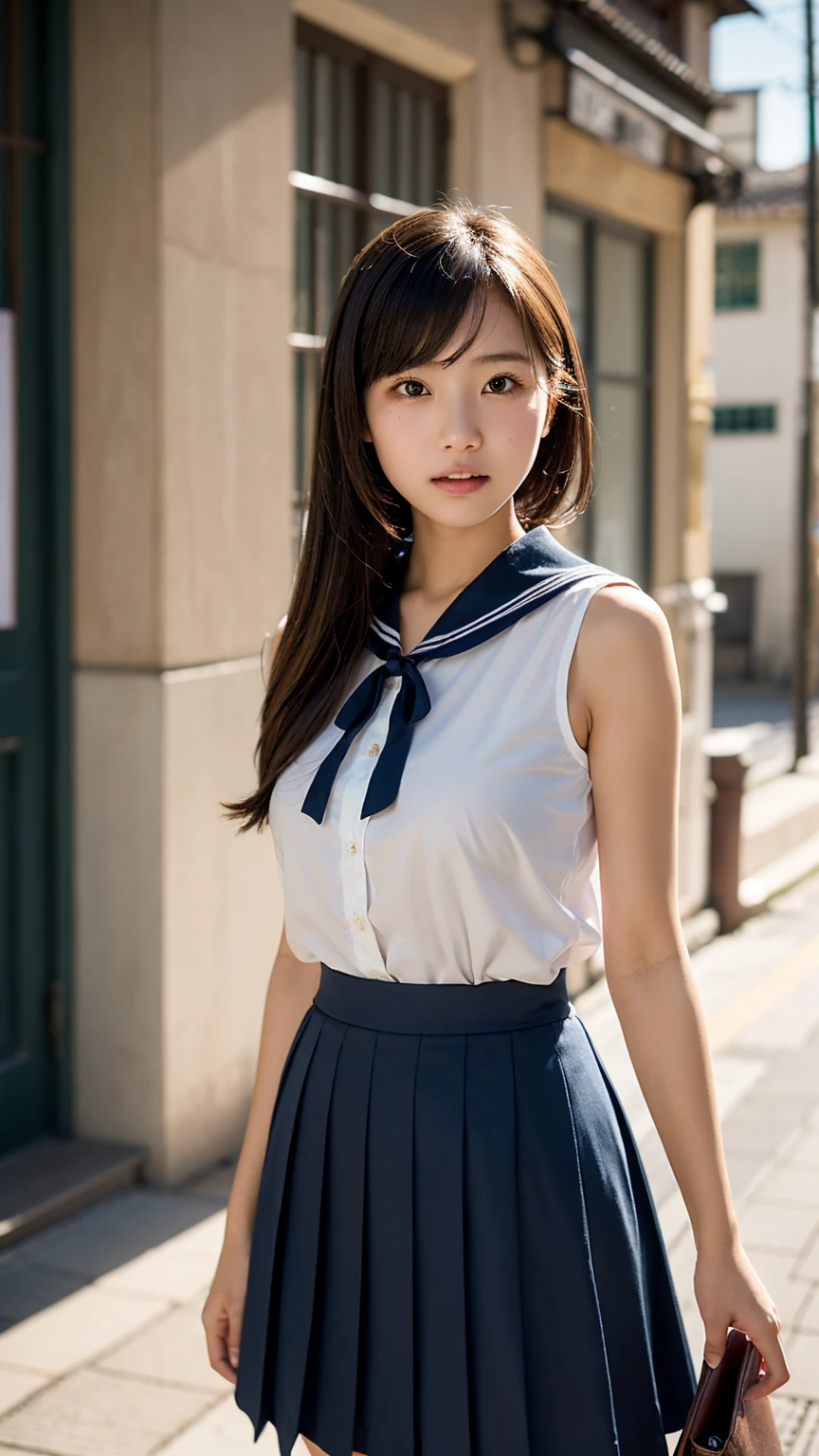 “A hyper-realistic portrait of a young Japanese schoolgirl with lifelike human features. She has natural, smooth skin with a hint of warmth, and her long, dark hair falls naturally around her shoulders. Her big, brown eyes are expressive and full of emotion, reflecting curiosity and innocence. She wears a traditional Japanese school uniform: a navy-blue pleated skirt and a crisp white blouse with a classic sailor collar and red ribbon. She stands in a real-world setting, such as a quiet Japanese street or a classroom, with natural lighting that casts soft, realistic shadows. Her expression is gentle, with a slight smile, making her appear approachable and friendly, capturing the essence of a real person.”