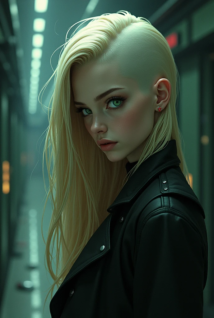 Long blonde haired girl with a half shaven head and a pale complexion, green eyes and sharp features in a cyberpunk esk setting with Cinematic Lighting, dark simplistic anime style