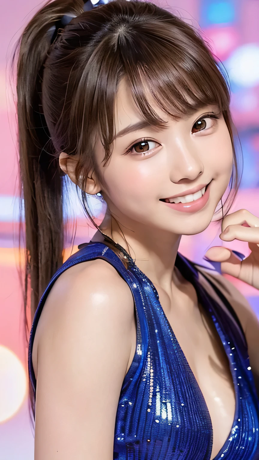 (Highest quality, DSLR camera, 8k, Highest quality, High resolution, Highest quality, Highest resolution, Very beautiful woman, Perfect anatomy), Bright brown eyes, Very bright brown eyes, Small diamond-shaped earrings, Looking directly at the camera, Beautiful brown hair, ((, Loose and cute medium ponytail)), Very short and beautiful bangs with brown hair, E-cup bust, Showing beautiful décolletage, Very beautiful 20-year-old, Lip gloss, Smiling very happily, Very cute smile, Upper teeth, Beautiful teeth, (Chic and stylish music stage as the background only), Slightly larger eyes, Small face, Tall supermodel, Beautifully shaped model, Holding a microphone and dancing and singing in random cool poses, Dynamic angle, Eye focus, Head tilt, Very detailed and realistic, Very beautiful 20-year-old, ((Medium shot)), Sharp jawline, ((Sophisticated K-POP idol outfit)), Deep waistline, Sexy legs, Side view, Smiling very joyfully, Laughing, Summer daytime
