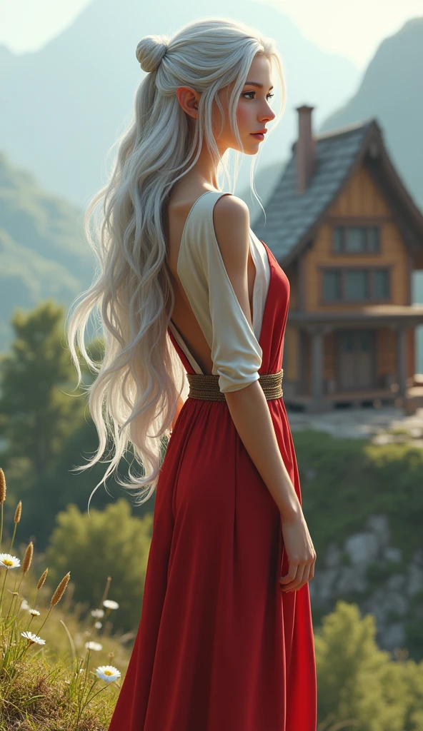 Full-body portrait. Concept art. CAD, A beautiful silver-haired elven woman, wearing a red and white v neck dress, is looking at the scenery on the edge of a beautiful hill. The background is a simple house made full of shiny brown wood in an elven village. The background of the house is a beautiful elven village. This scene is a very detailed and professional 3D digital art. 8k high resolusi