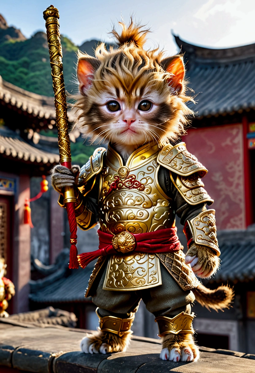 A newborn kitten,Very handsome expression, wearing the same armor and costume as the Chinese Monkey King, with fluffy hair like a monkey, holding Monkey King's golden stick weapon in one hand, wearing Chinese armor with exquisite patterns and rich details, standing on a Chinese roof. The overall magic and dreamy movie light and shadow, with a grand game scene in the background