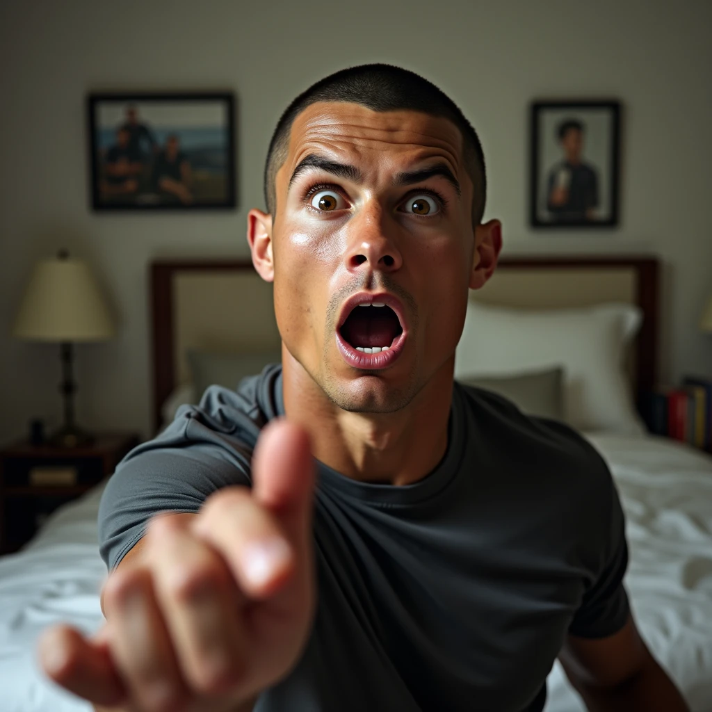 The image is a close-up of Cristiano Ronaldo face. He is bald and wearing a black hoodie. He has a surprised expression on his face and his eyes are wide open. His mouth is slightly open and his hand is stretched out in front of him, as if he is making a stop gesture. In the background, there is a bedroom with a bed, a bookshelf, and a lamp. There are also three framed pictures hanging on the wall.