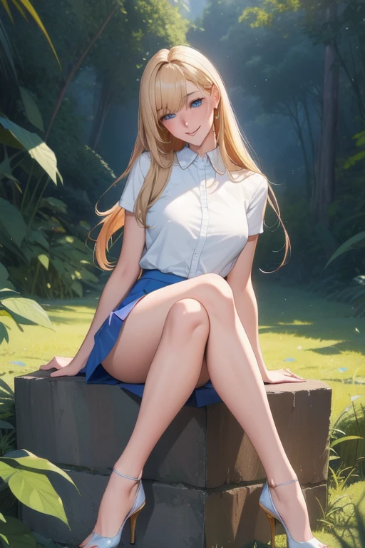 (masterpiece:1.2, best quality), (highly detailed:1.3), perfect anime illustration of 17yo girl, blonde long hair, white shirt, pleated skirt, (white panties), closeup, sitting on ground, eyes closeup, smile, city, summer, blue sky, bright,
