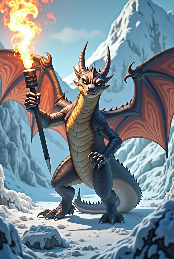 Dragon, (flamethrower), in Antarctica, ice, looking at the viewer, horns, quality,