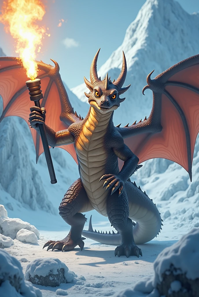 Dragon, (flamethrower), in Antarctica, ice, looking at the viewer, horns, quality,
