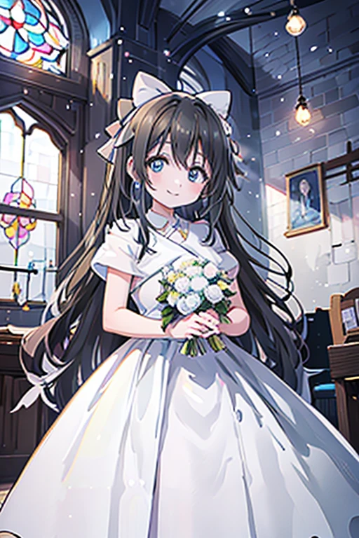 One Girl, Cowboy Shot, High resolution, smile, Highest quality, masterpiece, Black Hair，Hair Ribbon，Long Hair，Straight hair，Blue Eyes，Stained glass，church,Ousaka Shizuku，Pure white wedding dress，bouquet