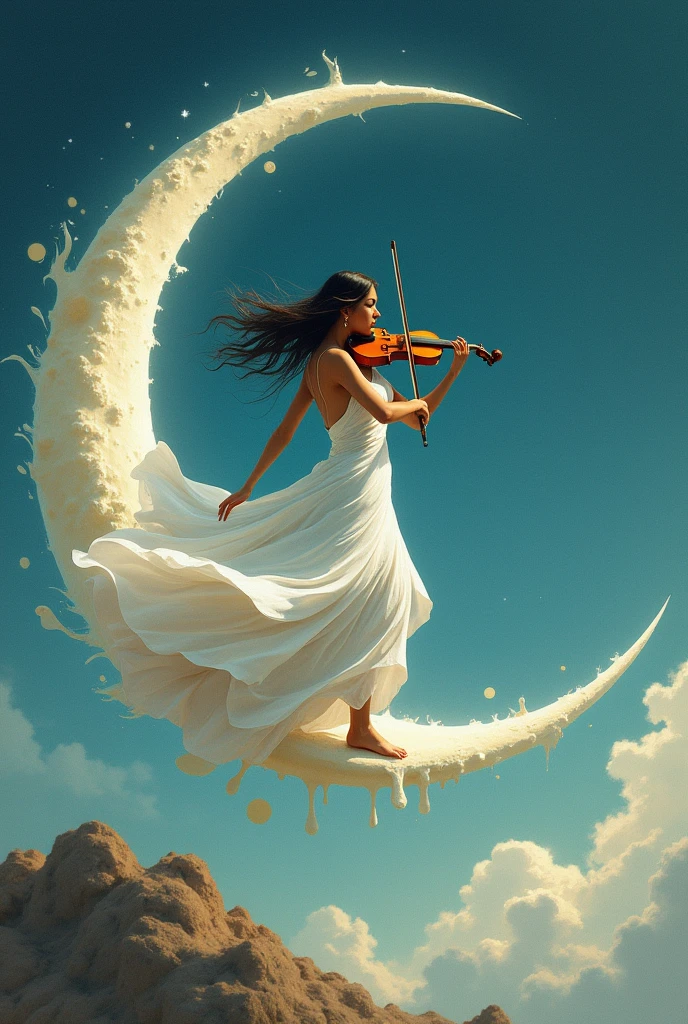 Illustrate an image featuring a South Asian woman gracefully dancing in a white gown, playing the violin while balanced on a crescent moon in a surreal and dreamlike sky. Drawing inspiration from the intense, eerie visuals found in pre-1912 surrealistic paintings, rendering the composition exhibits melting elements that seem to drip and morph smoothly. Use of a digital painting style should capture the scene as if viewed through a long exposure technique, creating a continuous sense of movement and transformation. The scene is mystical and ethereal, with soft moonlit glow permeating the surroundings and is rendered with gentle and soft brushstrokes to emit a sense of whimsy and enchantment in this moonlit fantasy.
