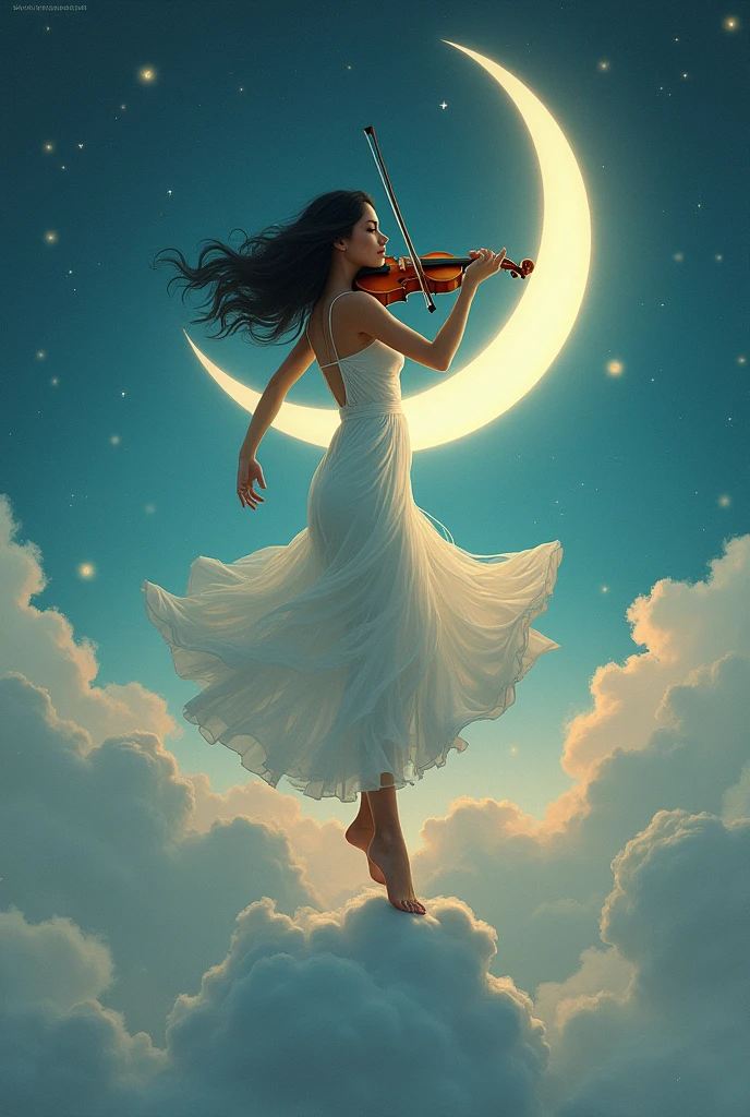 Illustrate an image featuring a South Asian woman gracefully dancing in a white gown, playing the violin while balanced on a crescent moon in a surreal and dreamlike sky. Drawing inspiration from the intense, eerie visuals found in pre-1912 surrealistic paintings, rendering the composition exhibits melting elements that seem to drip and morph smoothly. Use of a digital painting style should capture the scene as if viewed through a long exposure technique, creating a continuous sense of movement and transformation. The scene is mystical and ethereal, with soft moonlit glow permeating the surroundings and is rendered with gentle and soft brushstrokes to emit a sense of whimsy and enchantment in this moonlit fantasy.