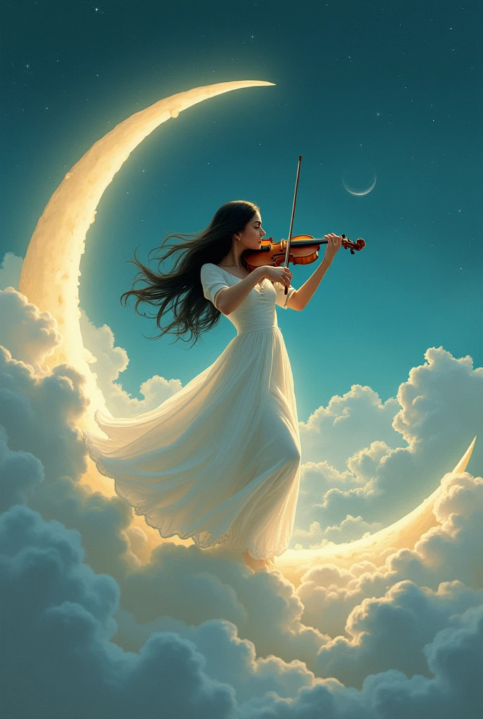 Illustrate an image featuring a South Asian woman gracefully dancing in a white gown, playing the violin while balanced on a crescent moon in a surreal and dreamlike sky. Drawing inspiration from the intense, eerie visuals found in pre-1912 surrealistic paintings, rendering the composition exhibits melting elements that seem to drip and morph smoothly. Use of a digital painting style should capture the scene as if viewed through a long exposure technique, creating a continuous sense of movement and transformation. The scene is mystical and ethereal, with soft moonlit glow permeating the surroundings and is rendered with gentle and soft brushstrokes to emit a sense of whimsy and enchantment in this moonlit fantasy.