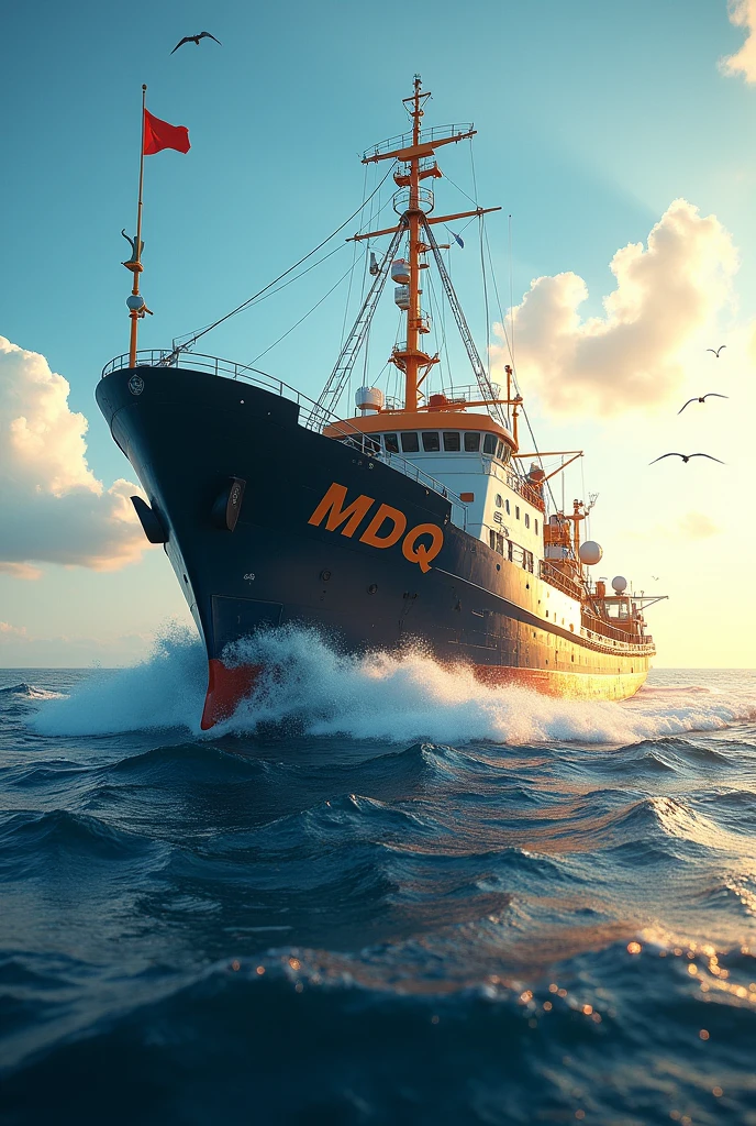 a large fishing boat in the open sea, sunny day, bright light, light tones, cinematic quality, the name of the boat on the hull, MDQ, detailed realistic ship, dramatic lighting, beautiful seascape, photorealistic, (best quality,4k,8k,highres,masterpiece:1.2),ultra-detailed,(realistic,photorealistic,photo-realistic:1.37),extremely detailed ship,dramatic ocean waves,vibrant blue sky,golden sunlight,realistic water reflections,highly detailed hull textures,pristine paintwork,shimmering water surface,powerful engine,working crew,fishing equipment,seabirds in flight