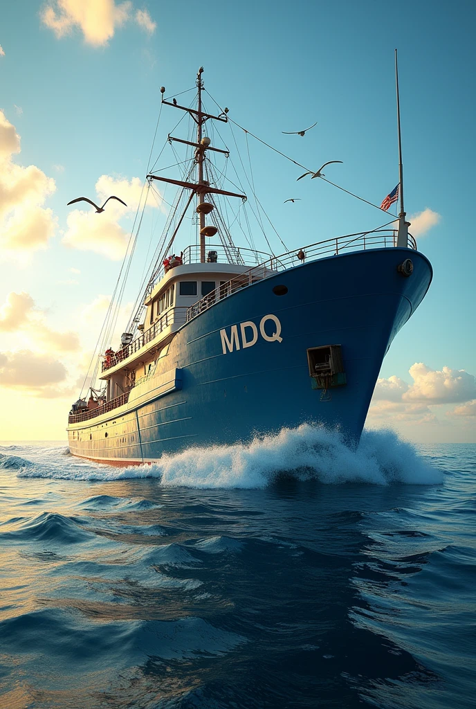 a large fishing boat in the open sea, sunny day, bright light, light tones, cinematic quality, the name of the boat on the hull, MDQ, detailed realistic ship, dramatic lighting, beautiful seascape, photorealistic, (best quality,4k,8k,highres,masterpiece:1.2),ultra-detailed,(realistic,photorealistic,photo-realistic:1.37),extremely detailed ship,dramatic ocean waves,vibrant blue sky,golden sunlight,realistic water reflections,highly detailed hull textures,pristine paintwork,shimmering water surface,powerful engine,working crew,fishing equipment,seabirds in flight