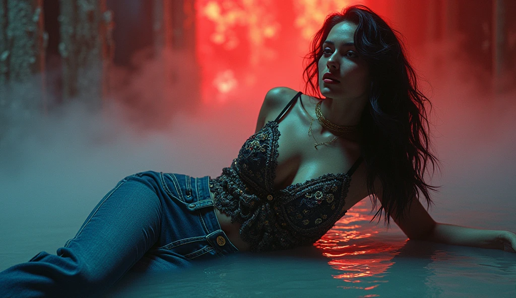 light line art, pop-art, masterpiece, retro light, exquisite diva, washed dark embroidered ethnic patterns flared detailed jeans,experiences sexual tension,sinking in bog, void, exquisite top