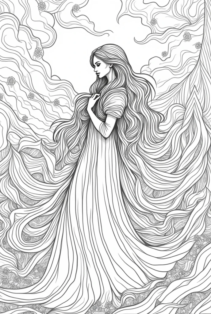 Adult coloring sheet detailed etheral style, only black outlines