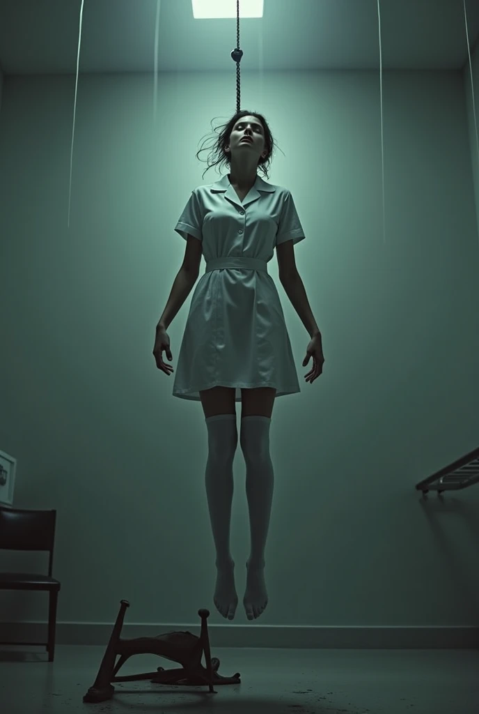 Nurse scene in white thigh high socks, hanged, thòng lọng, hovering in the air , The chair fell at the nurse's feet.