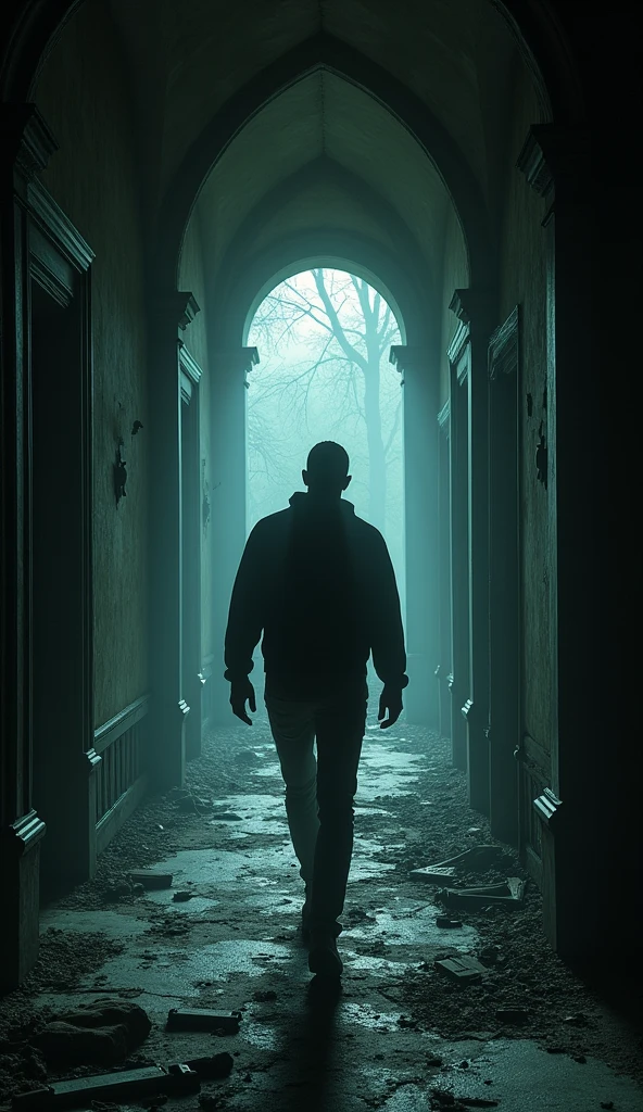 Man walking in dark abandoned mansion