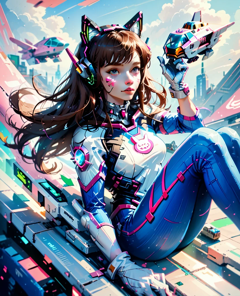 Masterpiece, Best Quality, High Resolution, 1girl, Super High Resolution, Solo, Mech Pilot, D.VA, Headphones, Pink Eyes, Blue Tights, Brown Hair, White Gloves, Cat Face Adornament,