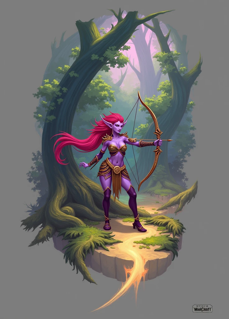 Night elf from Warcraft, long ear, purple skin, red hair, long hair, archer, in wood, female warrior