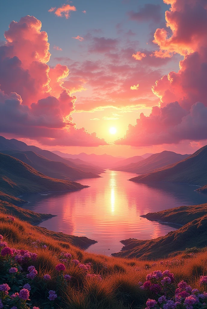 Beautiful sunset, The hills are covered with flowers and grass, The flowers are nearby, Colorful Sky, Surreal colors, Colorful sunset, Colorful Sky, Beautiful skyの反射, Beautiful sky, Dreamy atmosphere 8k, Multicolored clouds, Colors reflected in the lake, Surreal Sky, Red and blue reflections, Fire Reflection, Beautiful sky, beautiful and spectacular sunset, Beautiful dreamy landscape, Beautiful sky