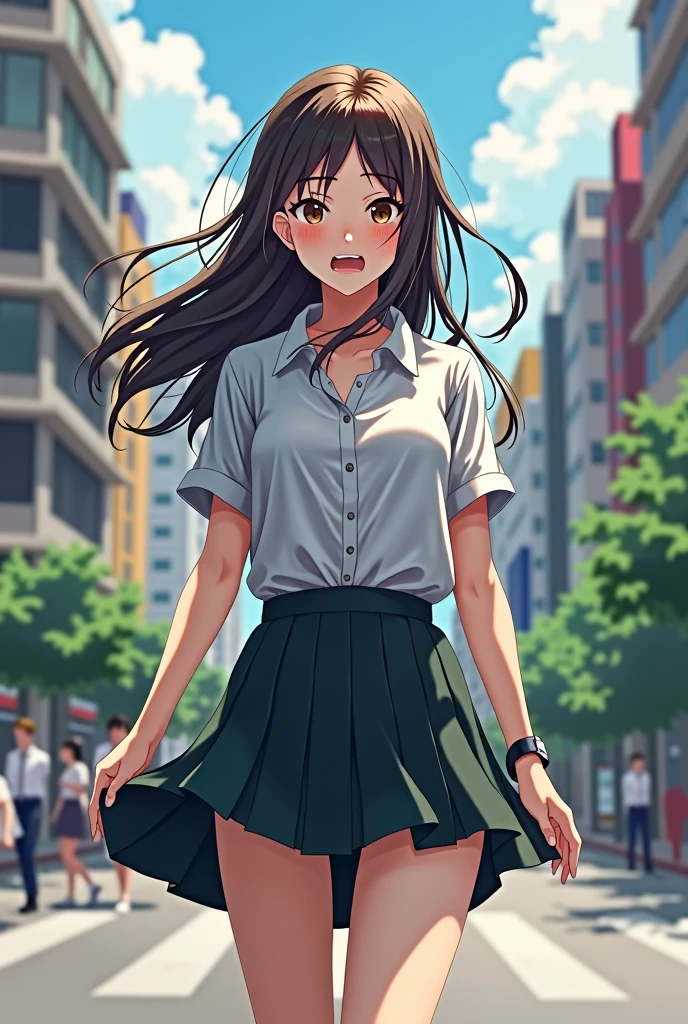 A school gril in short dress wind blow up her skirt 