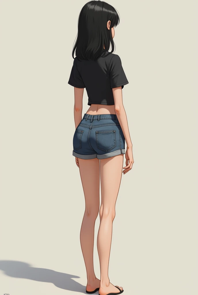Black haired girl, skinny girl with thick thighs wearing short denim shorts and a black top