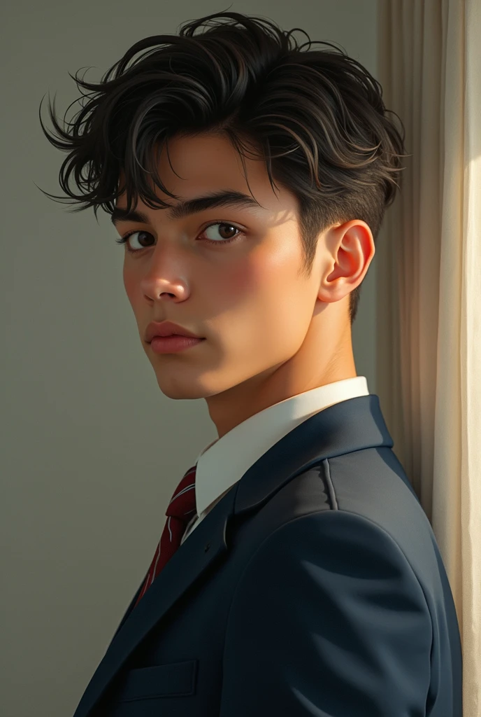 Makapal kilay, singkit na madilat mata, moreno, payat, nakaschool uniform, pogi, matangkad,