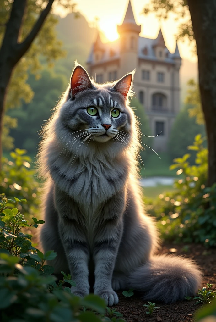 chat Mainecoon silver grey avec des poils longs et des yeux verts émeraude entouré de verdure dans un château abandonné style gothique en pleine nature avec le coucher de soleil en fond d'image 