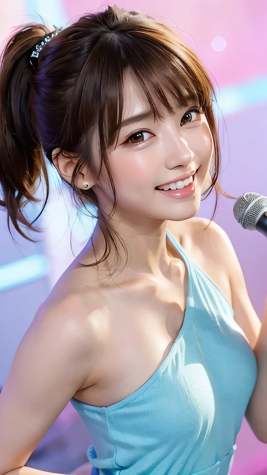 (Highest quality, DSLR camera, 8k, Highest quality, High resolution, Highest quality, Highest resolution, Very beautiful woman, Perfect anatomy), Bright brown eyes, Very bright brown eyes, Small diamond-shaped earrings, Looking directly at the camera, Beautiful brown hair, ((, Loose and cute medium ponytail)), Very short and beautiful bangs with brown hair, E-cup bust, Showing beautiful décolletage, Very beautiful 20-year-old, Lip gloss, Smiling very happily, Very cute smile, Upper teeth, Beautiful teeth, (Chic and stylish music stage as the background only), Slightly larger eyes, Small face, Tall supermodel, Beautifully shaped model, Holding a microphone and dancing and singing in random cool poses, Dynamic angle, Eye focus, Head tilt, Very detailed and realistic, Very beautiful 20-year-old, ((Medium shot)), Sharp jawline, ((Sophisticated K-POP idol outfit)), Deep waistline, Sexy legs, Side view, Smiling very joyfully, Laughing, Summer daytime